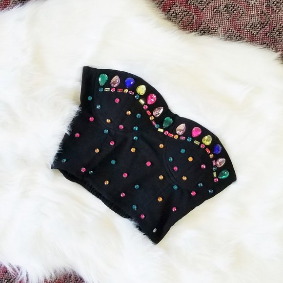 Tops - {euc} Bedazzled Cropped Bustier Jewel Party Top 💎